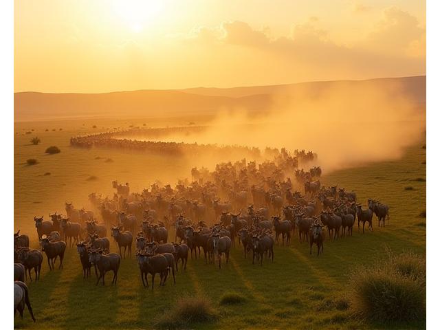 Vast panorama of wildebeest migration across the plains of the Serengeti, East Africa.
