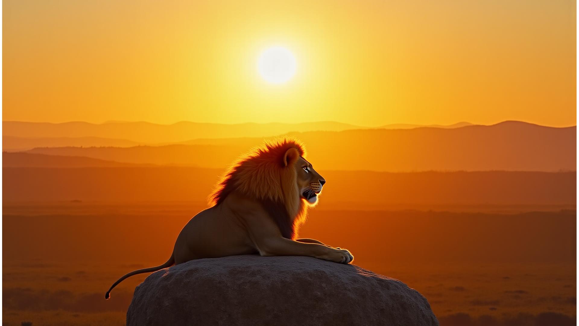 Golden hour shot of a majestic male lion observing from a rocky outcrop in the Serengeti.