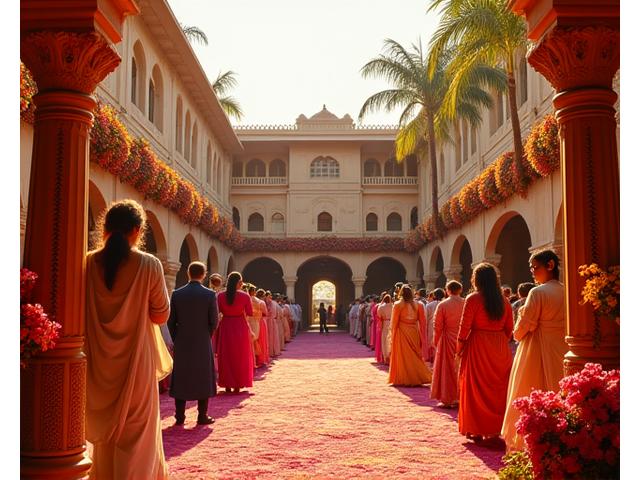 Vibrant traditional Indian wedding ceremony with elaborate decorations and attire.