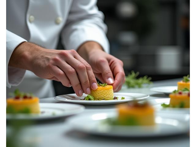 A chef meticulously plating a gourmet dish in a Michelin-starred restaurant kitchen in Paris, France