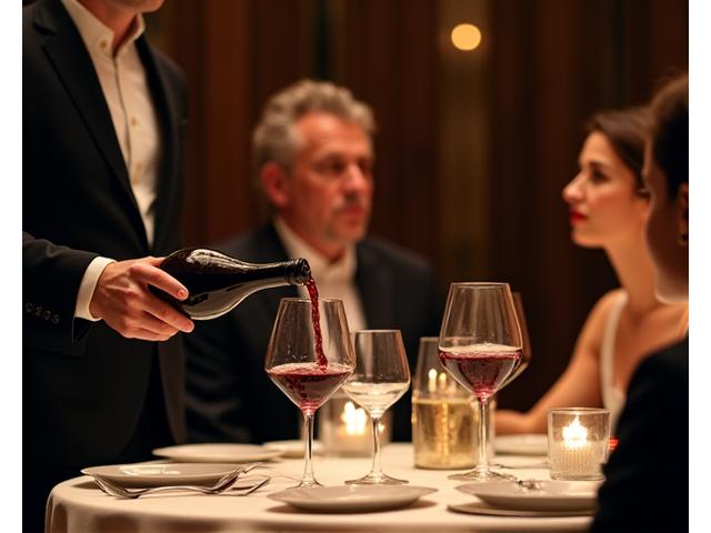 A sommelier expertly pouring wine at a beautifully set dinner table, assisting guests with pairings