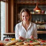 A sophisticated solo female traveler enjoying a culinary tour in Seville, looking at tapas with a smile