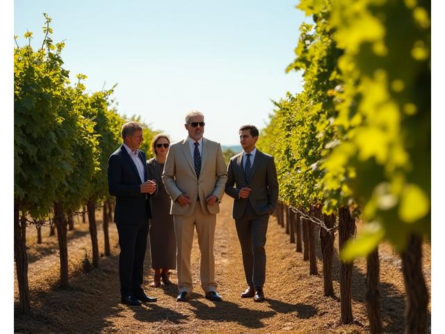 A small group of discerning guests enjoying a private tour of a historic vineyard, discussing processes with the winemaker