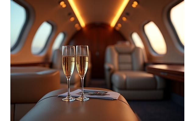 Luxury Private Jet Interior with Champagne Flutes