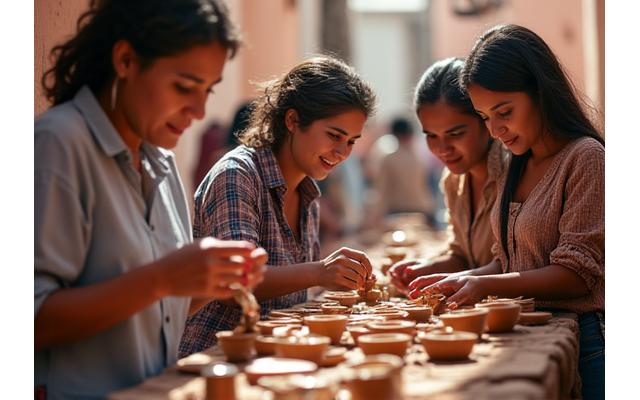 Travelers engaging with local artisans in a vibrant market