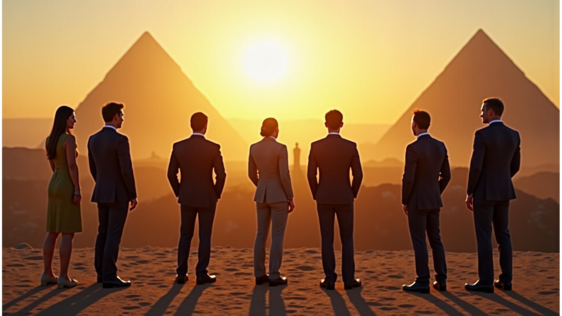 Panoramic view of a small group of sophisticated travelers observing ancient ruins at sunset