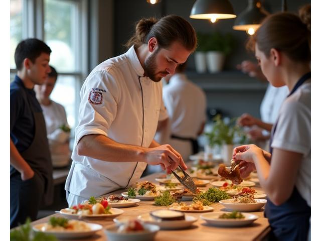 Master chef guiding a small group of millennial food enthusiasts through a refined local cooking class in a modern, open kitchen.