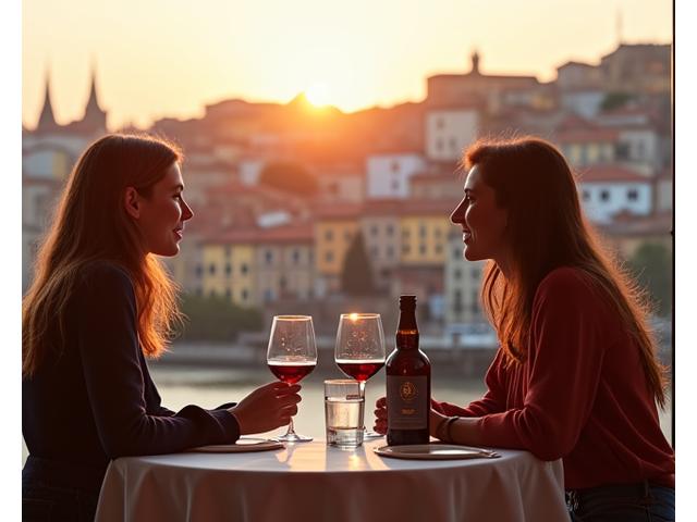 A young couple enjoying a private port wine tasting on a historic terrace overlooking the Douro River in Porto, Portugal.