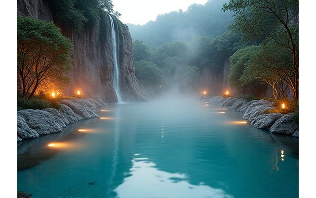 Luxurious thermal spring pools surrounded by natural rock formations