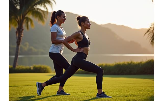 A personal trainer guiding a client through an outdoor fitness session