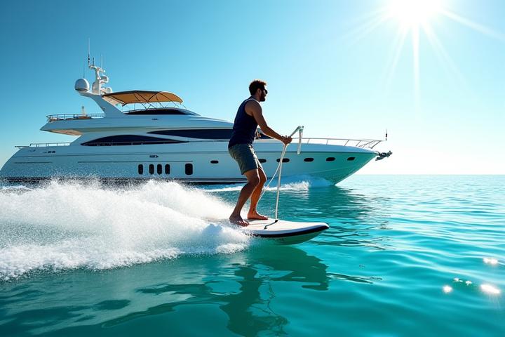 Person wakeboarding behind a yacht